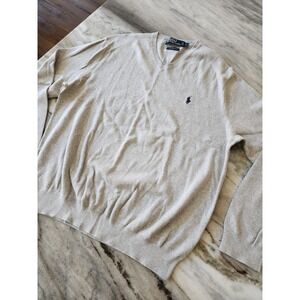 Polo Ralph Lauren Mens V-Neck Sweater Beige 100% Pima Cotton Large Pony Logo